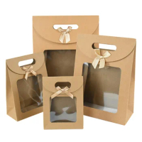 2PCS Kraft Paper Portable Gift Bags PVC Transparent Window Candy Snack Gift Package Bag Wedding Birthday Christmas Present Decor