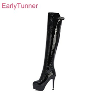 2023 New Winter Glossy Black Wine Red Women Thigh High Boots Platform Heel Lady Nude Shoes Plus Small Big Size 13 33 43 48 50