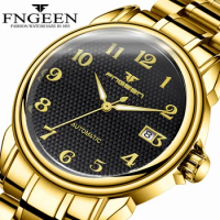 FNGEEN Brand Steel Mechanical Watches for Elder Men Top Quality Waterproof Luminous Digital Wristwatch Auto Date Saat Gold Watch