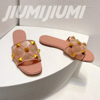 Summer Newest Handmade Leather Outdoor Flats Slippers Woman Mesh Rivet Decora Fashion Rome Slides Jelly Shoes Zapatos De Mujer