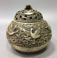 新品上架銅器古玩純銅黃銅鍍銀圓形鏤空鶴龜熏香爐仿古收藏檀香爐
