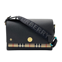 【BURBERRY 巴寶莉】Vintage 格纹拼皮革 Note 斜背包-中款(8021110-黑)