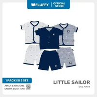 FLUFFY - Setelan Baju Bayi Pendek Celana Pendek Series Little Sailor Navy - Isi 3 Pasang - Lembut & 