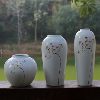 手繪蓮花陶瓷小花瓶禪意桌面水培干花插花器新中式創意擺件三件套