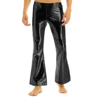Mens Shiny Metallic Flare Pants Rave Party Club Bar Disco Pole Dance Stage Performance Costume Bell Bottom Trousers Streetwear