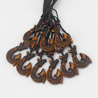 12 pcs Brown Tribal Maori Hook Gecko Pendant Necklace Yak Bone Resin Surfer Black Wax Cotton Cord 19"adjustable