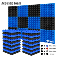 24Pcs 30x30x5cm Studio Acoustic Foam Sound Proofing Pyramid Noise Insulation Treatment Absorb Wall Panels 12Black 12Blue