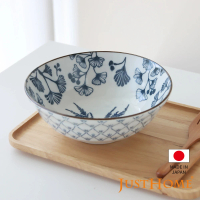 【Just Home】日本製染付系列8吋陶瓷拉麵碗1200ml 銀杏葉(日本製瓷器 麵碗 拉麵碗)