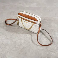 Tas MICHAEL KORS MK MONOGRAM WHITE CAMEL CHAIN CAMERA BAG WITH LS 100% ORIGINAL 23X5X15CM