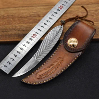 High Quality One-piece Damascus steel coreless 3D Feather Pattern Manual Leather Case Outdoor Favorites Fixed Blade Knife
