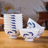 景德鎮陶瓷碗家用防燙青花瓷碗套裝10個裝骨瓷飯碗中式高腳碗高檔