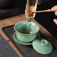 Gaiwan 150ml Porcelain Tea Bowl Puer Chinese Tea Cup Chawan Soup Tureen Kung Fu Tea Soup with Lid Ceramic Tea Cup Cyan-blue