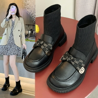 黑色襪靴女秋冬季2021新款英倫短靴百搭圓頭學生針織口女靴襪子鞋