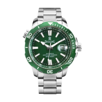 【DITALING】水鬼系列 銀框 綠面 排氦氣潛水腕錶 自動上鍊機械錶 不鏽鋼錶帶 母親節(DT1521-2)