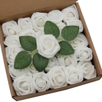 D-Seven Artificial Flowers 1.5" and 2" White 25pcs Realistic Rose Buds and Petite Roses w/Stem for DIY Wedding DIY Boutonniere