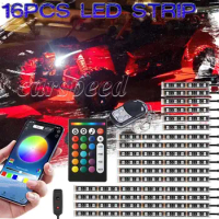 16pcs Motorcycle RGB LED Neon UnderGlow Strip Light Kit Bluetooth APP/IR/RF Remotes 12V for Harley Honda Kawasaki Suzuki Polaris