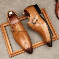 Italian Slip On Men Dress Shoes Wedding Genuine Leather Mens Oxford Shoes Monk Strap Black Grey Men Formal Loafers Men