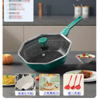 家用麥飯石不粘鍋八角炒菜鍋【抗菌】加厚帶蓋【配鍋鏟3件套】綠】【規格：30CM】 