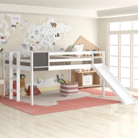 Children's Full Size Loft Bed with Stair and Slide, Wood Bed for Boys and Girls