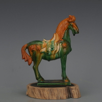 唐三彩綠釉彩繪低頭馬擺件 仿古出土瓷器舊貨古玩家居裝飾收藏
