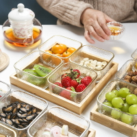 日式創意家用玻璃堅果零食盤水果竹木托盤客廳分格盤四方碗糖果盒