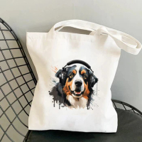 Dog Prints Listening to Music Canvas Tote Bag for Women Aesthetic Shopping Cloth Shoulder Bag School Book Handbags Market Ecobag