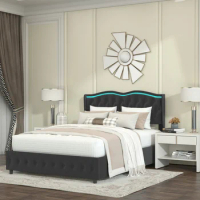 Velvet Bed, Queen Platform Bed Frame , Adjustable LED Light Decorative Headboard, Bed Sides with Pull-Out Storage , Black