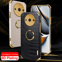 6D Plating Leather Cover For Realme 11 Pro Plus 5G Case Car Magnetic Holder Ring Shockproof Coque On Realme11 Realmi 11 Pro+ 5G
