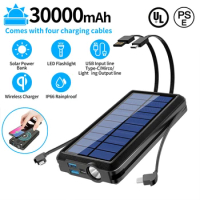 30000mAh Solar Power Bank Fast Qi Wireless Charger for iPhone 14 Samsung Huawei Xiaomi Powerbank with Cables LED Light Poverbank