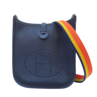 【二手名牌BRAND OFF】HERMES 愛馬仕 深藍色牛皮 Mini Evelyne 肩背包 X刻
