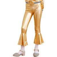 Kids Girls Shiny Metallic Flared Long Pants Elastic High Waist Ruffle Bell-bottom Pants Jazz Disco Stage Performance Trousers
