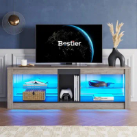 TV Stand for 55+ Inch TV Adjustable Glass Shelves 22 Dynamic RGB Modes TV Cabinet Game Console PS4, Wash Gray