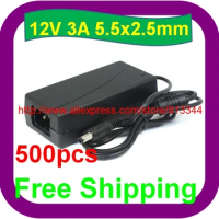 500 pcs Free Shipping 12V 3A 36W Power Adapter AC 100-240V 5.5mm 2.5mm for RGB LED Strip Light