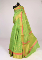 Yeshan Sarees Parrot Green Silk Cotton Jangla Floral Body Banarasi Saree