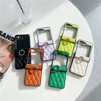 Luxury Ring Phone Holder Leather Case For Samsung Galaxy Z Flip 5 5G Z Flip 4 Z Flip 3 Coque Solid Color Phone Back PU Cover