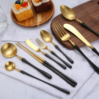 拉絲啞光黑金304西餐刀叉勺筷四件套網紅湯勺不銹鋼牛排餐具套裝