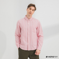 Hang Ten-男裝-口袋長袖襯衫-粉白條紋