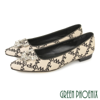 【GREEN PHOENIX 波兒德】女 娃娃鞋 尖頭包鞋 水鑽 平底 芭蕾 OL通勤(白黑)