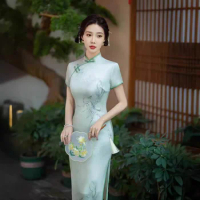 Women Vintage Mandarin Collar Cheongsam Handmade Button Floral Dresses Chinese Style Qipao