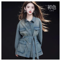 【初色】休閒翻領單排釦收腰綁帶長袖牛仔外套女外套-藍色-38198(M-XL可選)