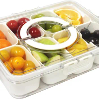 Divided tray with handle cover and detachable snack box, 8-cell fruit container food storage refrigerator box