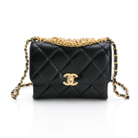 【CHANEL 香奈兒】Mini Flap bag 鑲鑽字樣提把迷你口蓋手提/肩背二用包(黑色/金釦)