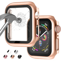 Case for Apple Watch 45mm 41mm 44mm 40mm 42mm Screen Protector Plated Cover+Glass 2 in1 Accessories iWatch Series 9 8 7 6 5 3 se