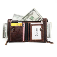 2023 New Genuine leather RFID vintage wallet men's coin purse short wallet double zipper wallet with card holder men's wallet