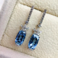 JY Solid 18k Gold Nature Blue Aquamarine Gemstones 1.245ct Diamond Drop Dangle Earrings for Women Fine Jewelry Birthday Presents