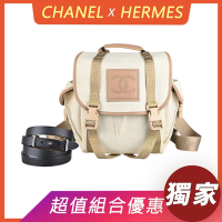 展示品CHANEL皮標雙C LOGO斜紋帆布束口釦式後背包(米白x咖)+HERMES