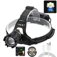 Induction Flood Headlamp Zoom 18650 External Rechargeable Battery Flashlight Hrad Lamp Outdoor Lighting Fishing Headlight