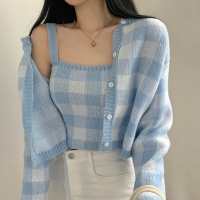 La Belleza韓版時尚兩件式格紋開釦針織毛料外套+針織吊帶背心