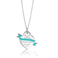 Tiffany&amp;Co.藍色琺瑯緞帶愛心925純銀項鍊