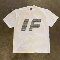 Desain huruf seni Korea pola cetak IF Lengan pendek baju atasan wanita terbaru kekinian T-shirt pria